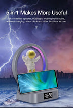 🚀 Parlante Astronauta 5 en 1 con Luz RGB, Reloj y Cargador Inalámbrico ✨