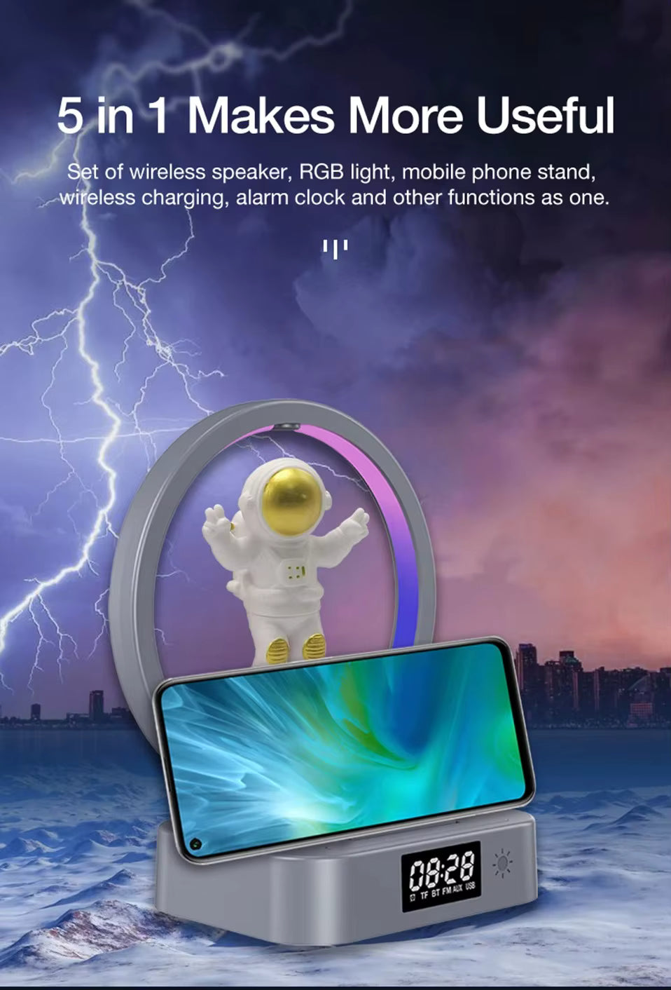 🚀 Parlante Astronauta 5 en 1 con Luz RGB, Reloj y Cargador Inalámbrico ✨