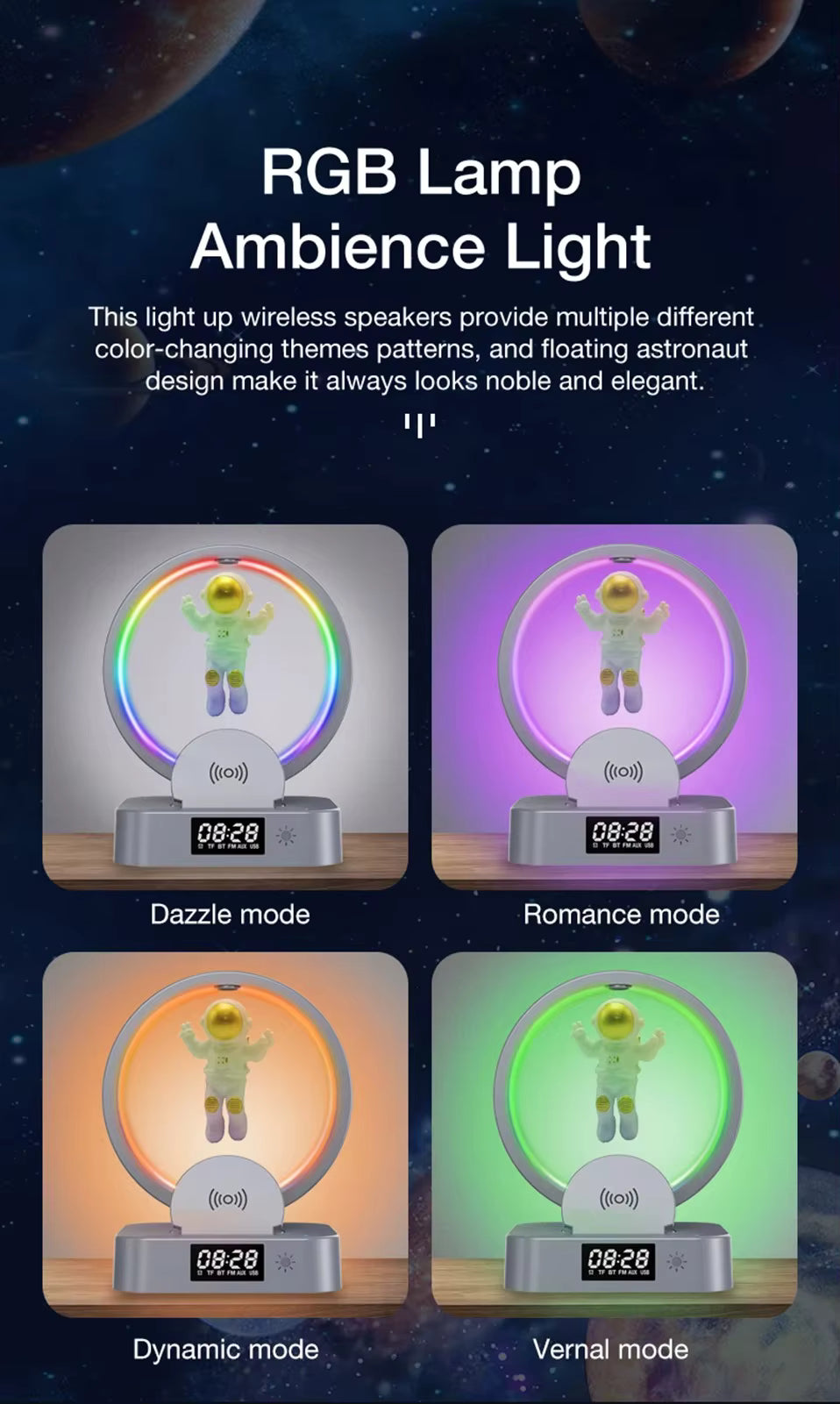 🚀 Parlante Astronauta 5 en 1 con Luz RGB, Reloj y Cargador Inalámbrico ✨