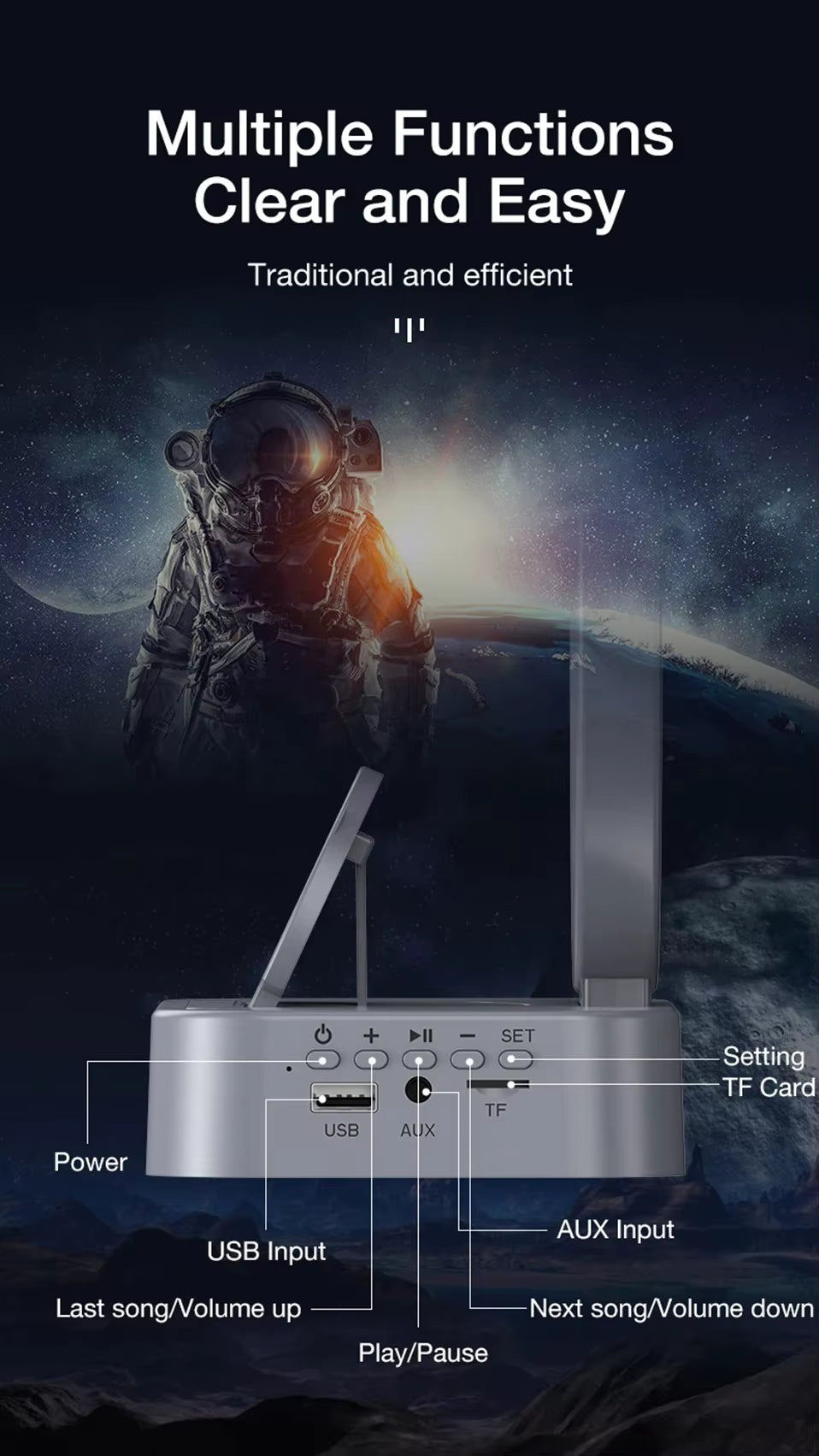 🚀 Parlante Astronauta 5 en 1 con Luz RGB, Reloj y Cargador Inalámbrico ✨