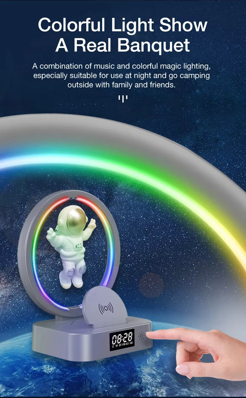 🚀 Parlante Astronauta 5 en 1 con Luz RGB, Reloj y Cargador Inalámbrico ✨