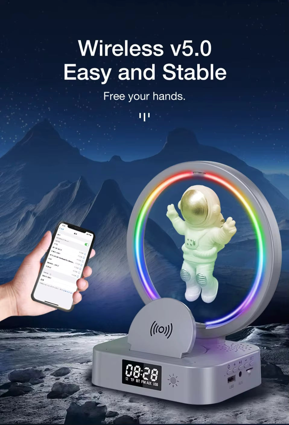 🚀 Parlante Astronauta 5 en 1 con Luz RGB, Reloj y Cargador Inalámbrico ✨