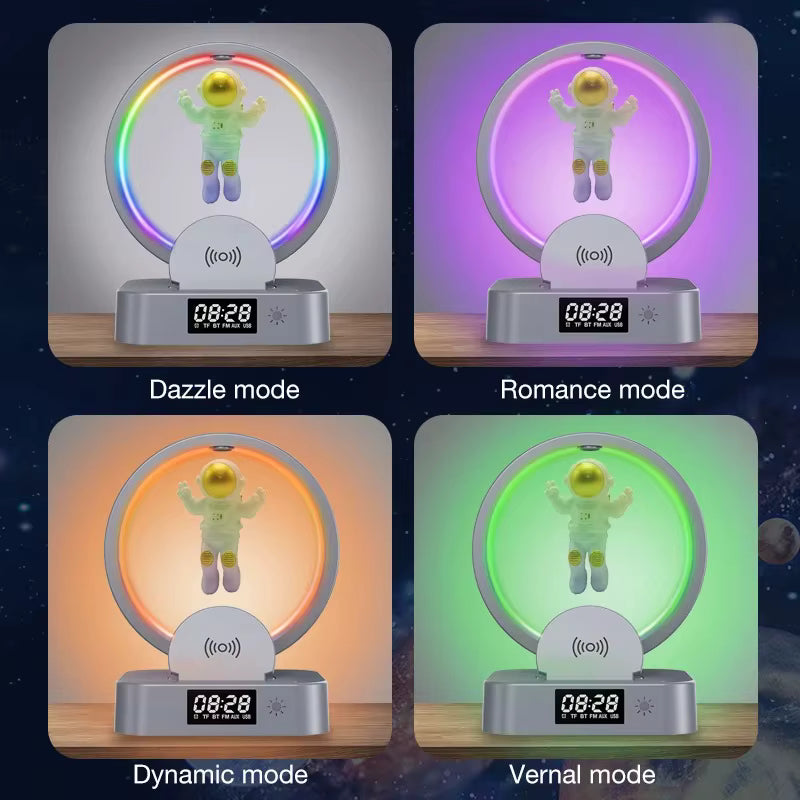 🚀 Parlante Astronauta 5 en 1 con Luz RGB, Reloj y Cargador Inalámbrico ✨