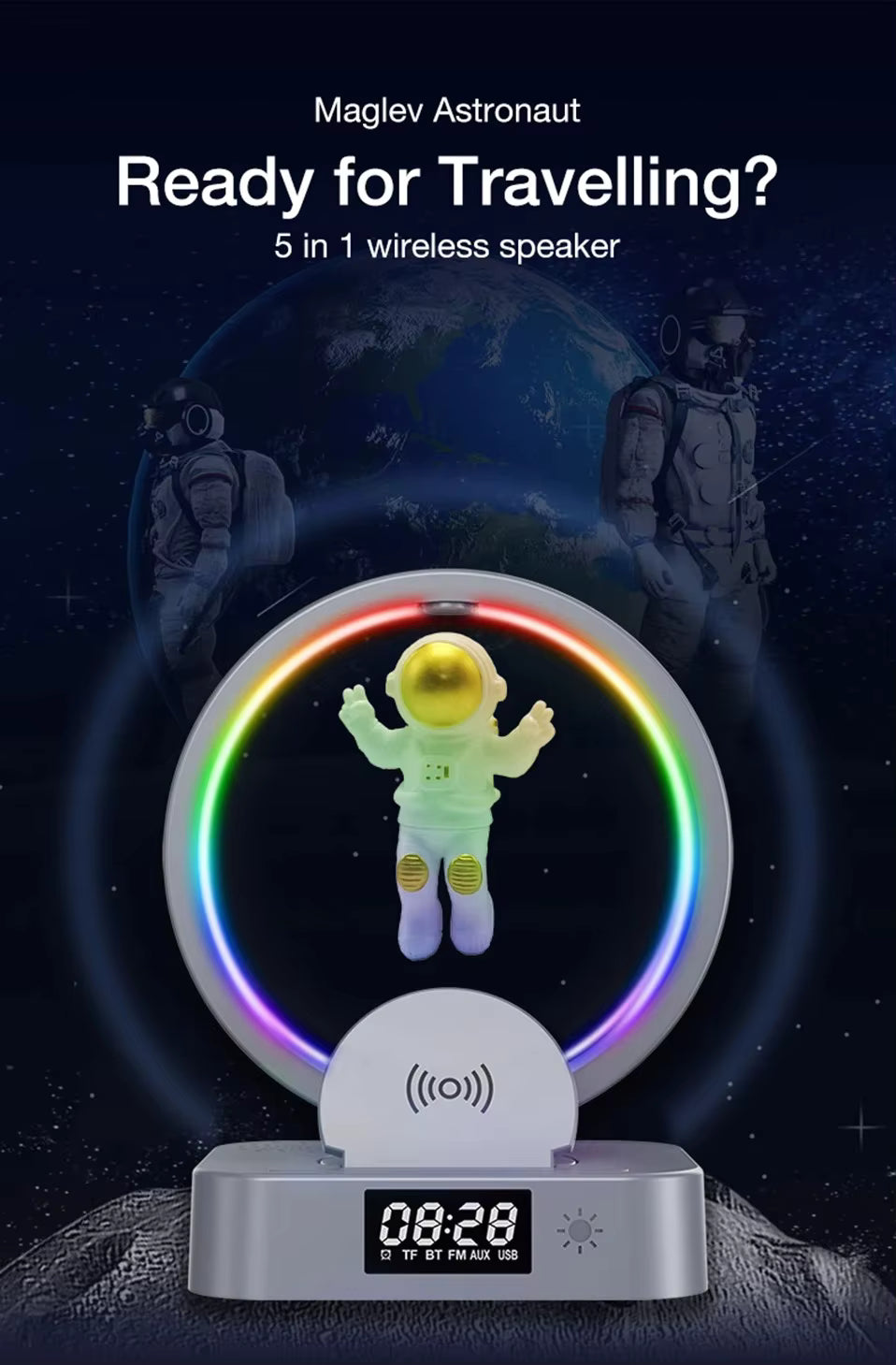🚀 Parlante Astronauta 5 en 1 con Luz RGB, Reloj y Cargador Inalámbrico ✨
