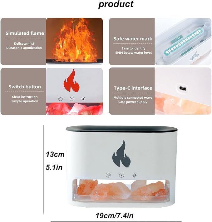 🔥✨ Difusor de Aromas con Efecto Llama y Piedra de Sal – Humidificador USB