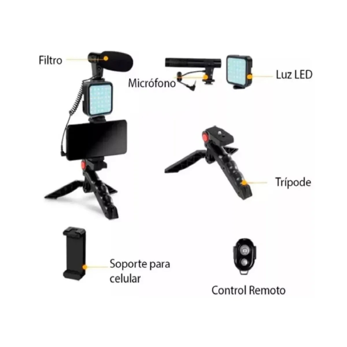 ✨ Kit de Grabación de Video con Trípode, Luz LED, Micrófono y Bluetooth🎥